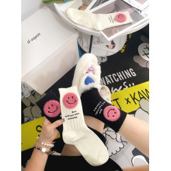 個性字母玫紅笑臉可愛中高筒襪日韓配鯊魚褲外穿長筒粉色潮襪女童