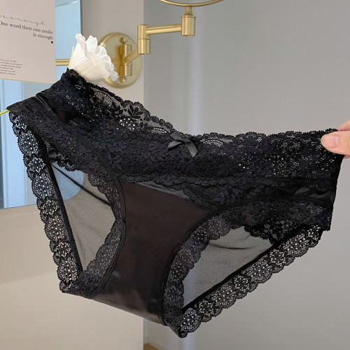 法式浪漫重工蕾絲花邊高級緞面背後網紗柔軟性感女士內褲交叉低腰