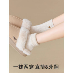 羊毛襪子女款秋冬加絨加厚可愛中筒堆堆襪冬季保暖月子襪愛心刺綉