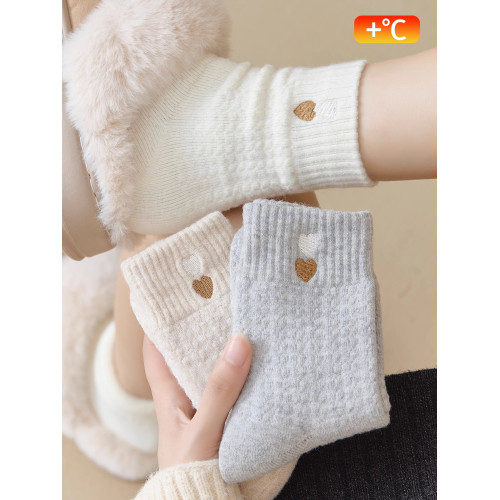羊毛襪子女款秋冬加絨加厚可愛中筒堆堆襪冬季保暖月子襪愛心刺綉