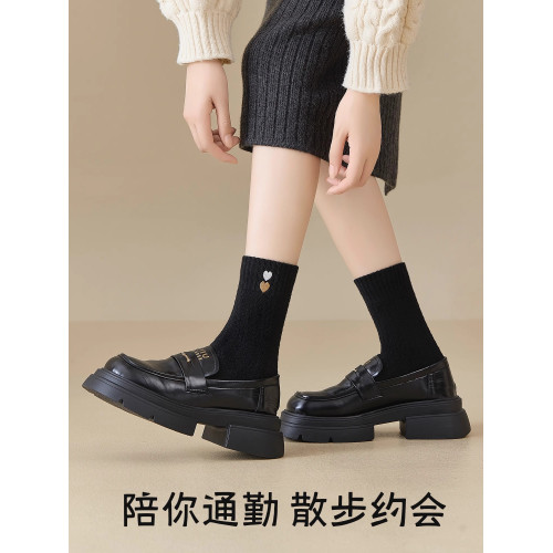 羊毛襪子女款秋冬加絨加厚可愛中筒堆堆襪冬季保暖月子襪愛心刺綉