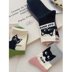 卡通可愛小貓襪子女中筒襪ins純棉春秋日系學生白色夏季薄款長襪