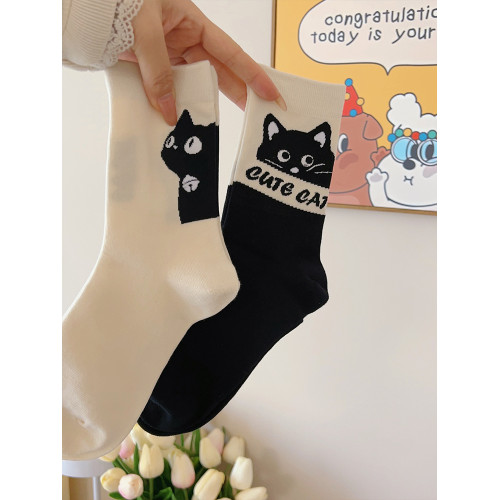 卡通可愛小貓襪子女中筒襪ins純棉春秋日系學生白色夏季薄款長襪 卡通可愛小貓襪子女中筒襪ins純棉春秋日系學生白色夏季薄款長襪