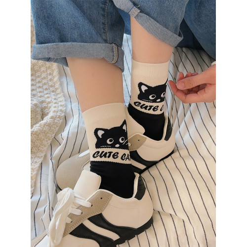 卡通可愛小貓襪子女中筒襪ins純棉春秋日系學生白色夏季薄款長襪 卡通可愛小貓襪子女中筒襪ins純棉春秋日系學生白色夏季薄款長襪