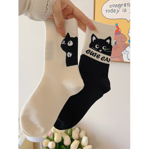 卡通可愛小貓襪子女中筒襪ins純棉春秋日系學生白色夏季薄款長襪 卡通可愛小貓襪子女中筒襪ins純棉春秋日系學生白色夏季薄款長襪