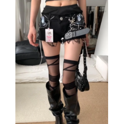 y2k哥特風繃帶過膝襪女亞文化辣妹龐克純欲JK長筒襪性感黑絲襪薄