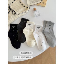 蝴蝶結中筒襪子女款秋冬新款純棉波點襪子ins潮日系長款可愛少女