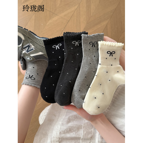 蝴蝶結中筒襪子女款秋冬新款純棉波點襪子ins潮日系長款可愛少女 蝴蝶結中筒襪子女款秋冬新款純棉波點襪子ins潮日系長款可愛少女