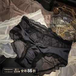 法式復古緞面蕾絲內褲女2025新性感透明網紗蝴蝶結舒適中腰三角褲