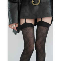 夜間教習室吊帶絲襪一體式性感菱格黑色長筒襪子女夏季jk黑絲