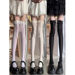 洛麗塔花邊黑色lolita夏天薄款黑絲襪過膝襪蝴蝶結長筒襪子木耳邊