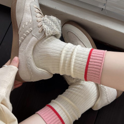 米白色小腿襪女秋冬加厚棉堆堆襪學院風甜美短襪子條紋灰色中筒襪