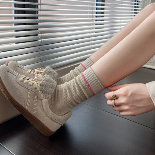 米白色小腿襪女秋冬加厚棉堆堆襪學院風甜美短襪子條紋灰色中筒襪 米白色小腿襪女秋冬加厚棉堆堆襪學院風甜美短襪子條紋灰色中筒襪