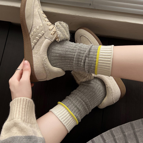 米白色小腿襪女秋冬加厚棉堆堆襪學院風甜美短襪子條紋灰色中筒襪 米白色小腿襪女秋冬加厚棉堆堆襪學院風甜美短襪子條紋灰色中筒襪