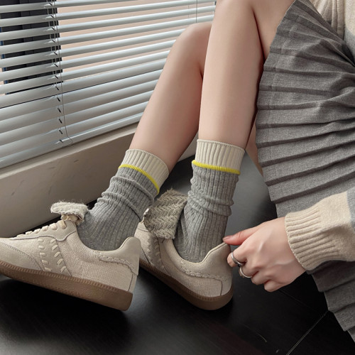 米白色小腿襪女秋冬加厚棉堆堆襪學院風甜美短襪子條紋灰色中筒襪 米白色小腿襪女秋冬加厚棉堆堆襪學院風甜美短襪子條紋灰色中筒襪
