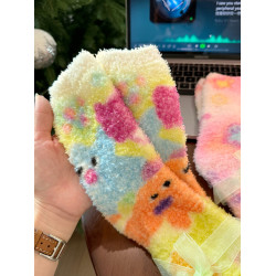 小衆個性紥染珊瑚絨襪子女中筒襪加厚保暖地板襪睡眠襪可愛創意