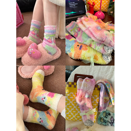 小衆個性紥染珊瑚絨襪子女中筒襪加厚保暖地板襪睡眠襪可愛創意 小衆個性紥染珊瑚絨襪子女中筒襪加厚保暖地板襪睡眠襪可愛創意