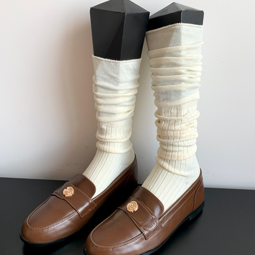 復古卡其色堆堆襪女春秋款咖色中筒長襪竪條紋白色黑色及膝小腿襪 復古卡其色堆堆襪女春秋款咖色中筒長襪竪條紋白色黑色及膝小腿襪