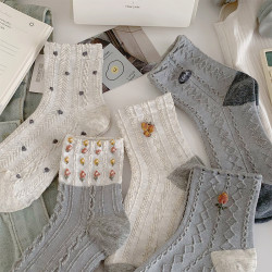 灰色碎花襪子女款秋冬中筒棉襪ins潮日系反織復古百搭學生運動風