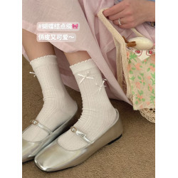 白色襪子女中筒襪春秋季款棉襪jk洛麗塔芭蕾風花邊少女蝴蝶結長襪