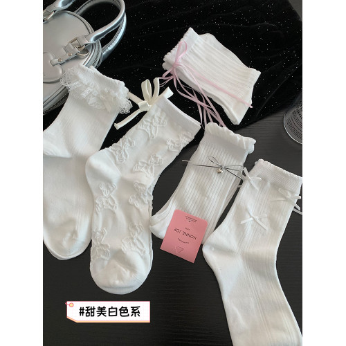 白色襪子女中筒襪春秋季款棉襪jk洛麗塔芭蕾風花邊少女蝴蝶結長襪 白色襪子女中筒襪春秋季款棉襪jk洛麗塔芭蕾風花邊少女蝴蝶結長襪