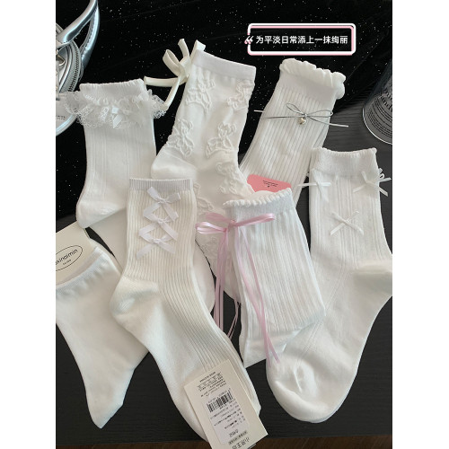 白色襪子女中筒襪春秋季款棉襪jk洛麗塔芭蕾風花邊少女蝴蝶結長襪 白色襪子女中筒襪春秋季款棉襪jk洛麗塔芭蕾風花邊少女蝴蝶結長襪