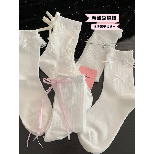 白色襪子女中筒襪春秋季款棉襪jk洛麗塔芭蕾風花邊少女蝴蝶結長襪 白色襪子女中筒襪春秋季款棉襪jk洛麗塔芭蕾風花邊少女蝴蝶結長襪