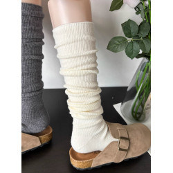 復古奶白色羊毛過膝長筒襪女秋冬季質感百搭菸灰色竪紋堆曡小腿襪