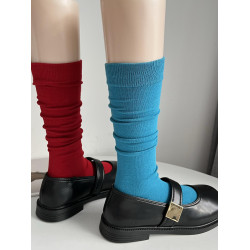 大紅色純棉小腿襪ins潮時髦復古藍色堆曡中筒襪女春秋季薄款不透