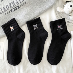 新款黑色刺綉春秋襪子女中筒襪精梳棉韓版透氣運動風秋冬潮流百搭