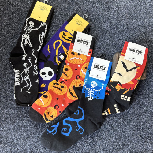 萬聖節中筒襪子男南瓜巫女骷髏頭吸血鬼惡搞怪ins潮街頭高幫長襪