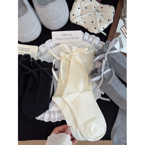 蝴蝶結襪子女中筒襪春秋棉襪花邊可愛白色堆堆襪日系女生長筒長襪 蝴蝶結襪子女中筒襪春秋棉襪花邊可愛白色堆堆襪日系女生長筒長襪