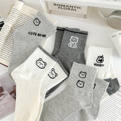 格雷系灰白小熊襪子女秋冬中筒襪純棉卡通韓版ins潮網紅grey運動 格雷系灰白小熊襪子女秋冬中筒襪純棉卡通韓版ins潮網紅grey運動