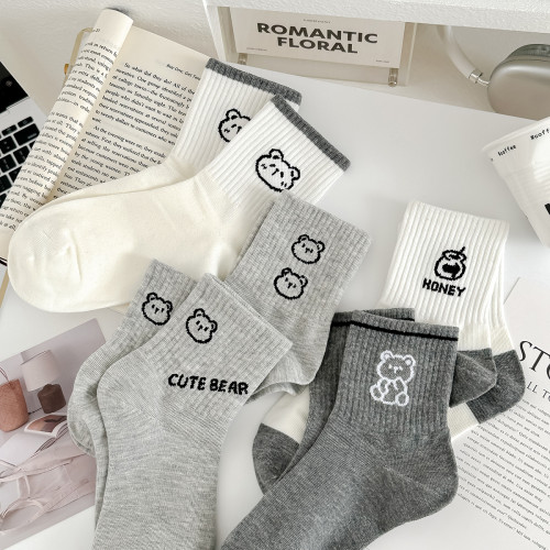 格雷系灰白小熊襪子女秋冬中筒襪純棉卡通韓版ins潮網紅grey運動 格雷系灰白小熊襪子女秋冬中筒襪純棉卡通韓版ins潮網紅grey運動