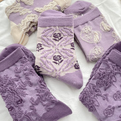 立體紫色襪子女ins潮碎花復古春秋款棉襪中筒襪可愛日系秋冬長襪