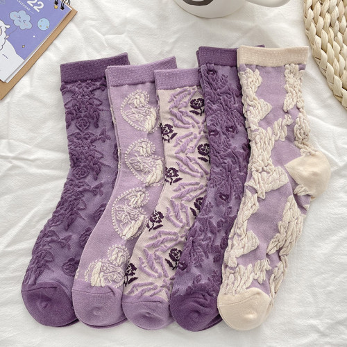 立體紫色襪子女ins潮碎花復古春秋款棉襪中筒襪可愛日系秋冬長襪 立體紫色襪子女ins潮碎花復古春秋款棉襪中筒襪可愛日系秋冬長襪