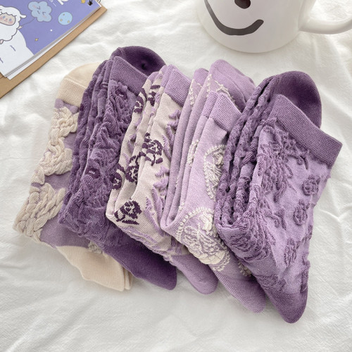 立體紫色襪子女ins潮碎花復古春秋款棉襪中筒襪可愛日系秋冬長襪 立體紫色襪子女ins潮碎花復古春秋款棉襪中筒襪可愛日系秋冬長襪