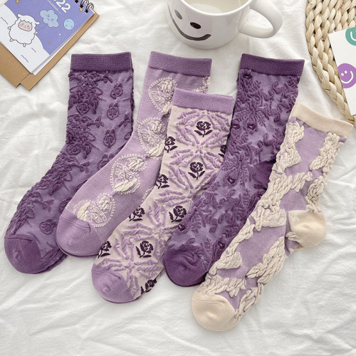 立體紫色襪子女ins潮碎花復古春秋款棉襪中筒襪可愛日系秋冬長襪 立體紫色襪子女ins潮碎花復古春秋款棉襪中筒襪可愛日系秋冬長襪