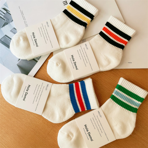 4雙 襪子男純棉男士中短筒襪潮ins條紋防臭毛巾底加厚白色運動襪 4雙 襪子男純棉男士中短筒襪潮ins條紋防臭毛巾底加厚白色運動襪