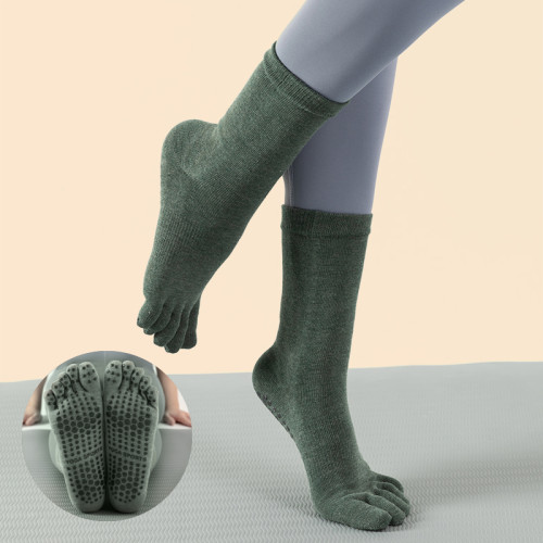 秋冬加厚中筒瑜珈襪女防滑有跟五指襪純棉吸汗運動普拉提腳趾襪