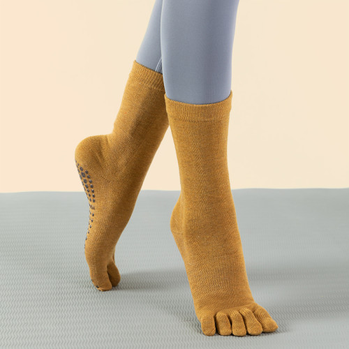 秋冬加厚中筒瑜珈襪女防滑有跟五指襪純棉吸汗運動普拉提腳趾襪