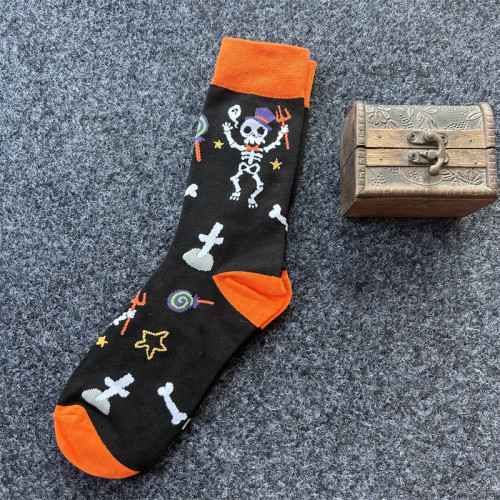 襪子女黑色中長筒男透氣簡約刺綉萬聖節氛圍感骷髏頭小惡魔鬼潮襪