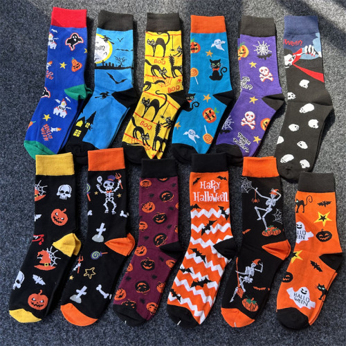 襪子女黑色中長筒男透氣簡約刺綉萬聖節氛圍感骷髏頭小惡魔鬼潮襪