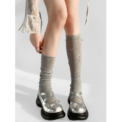 夜間教習室蝴蝶結襪子女春秋款堆堆襪灰色中筒卷邊jk芭蕾風小腿襪