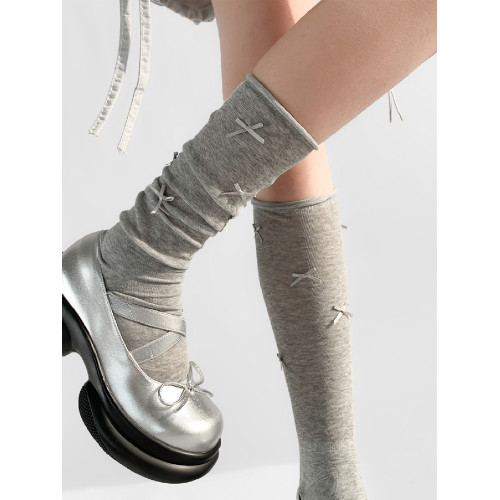 夜間教習室蝴蝶結襪子女春秋款堆堆襪灰色中筒卷邊jk芭蕾風小腿襪 夜間教習室蝴蝶結襪子女春秋款堆堆襪灰色中筒卷邊jk芭蕾風小腿襪