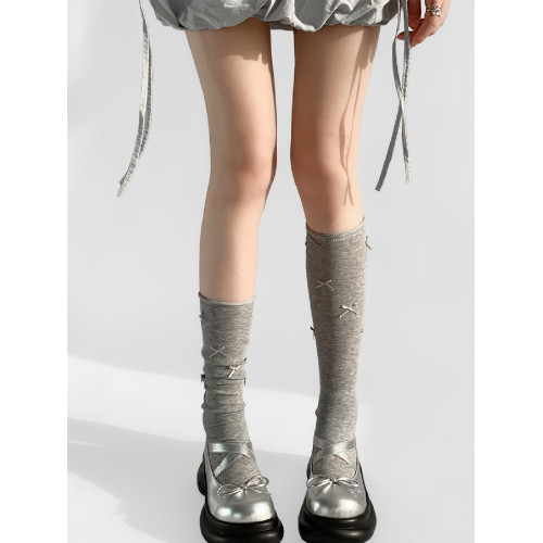 夜間教習室蝴蝶結襪子女春秋款堆堆襪灰色中筒卷邊jk芭蕾風小腿襪 夜間教習室蝴蝶結襪子女春秋款堆堆襪灰色中筒卷邊jk芭蕾風小腿襪