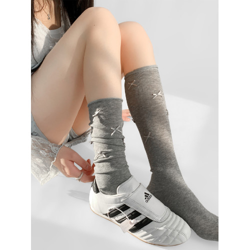 夜間教習室蝴蝶結襪子女春秋款堆堆襪灰色中筒卷邊jk芭蕾風小腿襪 夜間教習室蝴蝶結襪子女春秋款堆堆襪灰色中筒卷邊jk芭蕾風小腿襪