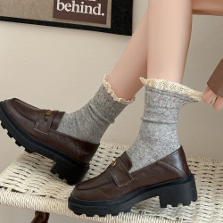 秋冬天厚款粗線復古少女花邊中筒襪子女保暖配馬丁靴堆堆長襪ins