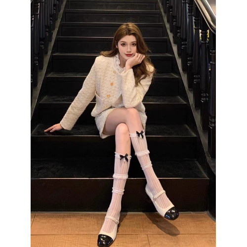 純欲白色蕾絲襪子女春秋中筒花邊薄款長筒蝴蝶結珍珠小腿襪絲襪 純欲白色蕾絲襪子女春秋中筒花邊薄款長筒蝴蝶結珍珠小腿襪絲襪