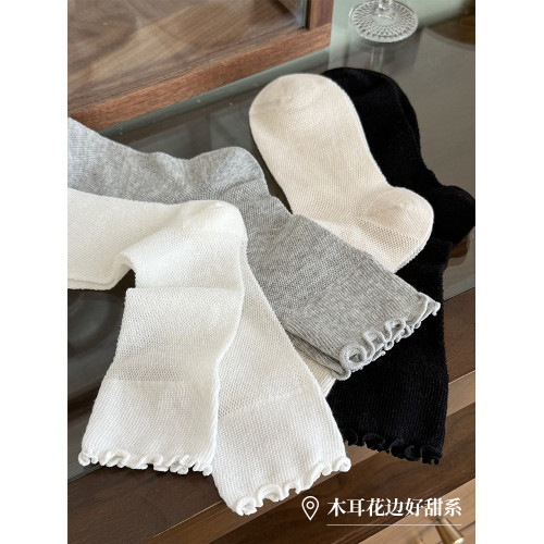 灰色襪子女中筒襪夏季薄款ins潮日系純棉網眼木耳花邊無骨堆堆襪 灰色襪子女中筒襪夏季薄款ins潮日系純棉網眼木耳花邊無骨堆堆襪